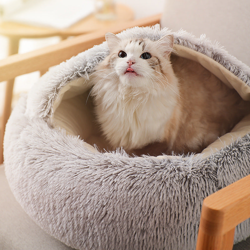 Cozy Fluffy Semi-Enclosed Cave Bed for Cats & Puppies – Warm Winter Anti-Anxiety Pet Bed