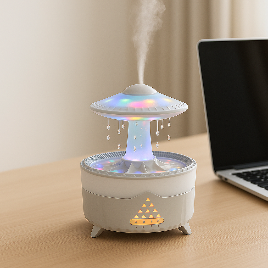 UFO Raining Humidifier — Raindrop Ultrasonic Aroma Diffuser with 7-Color LED Lights (350ml)