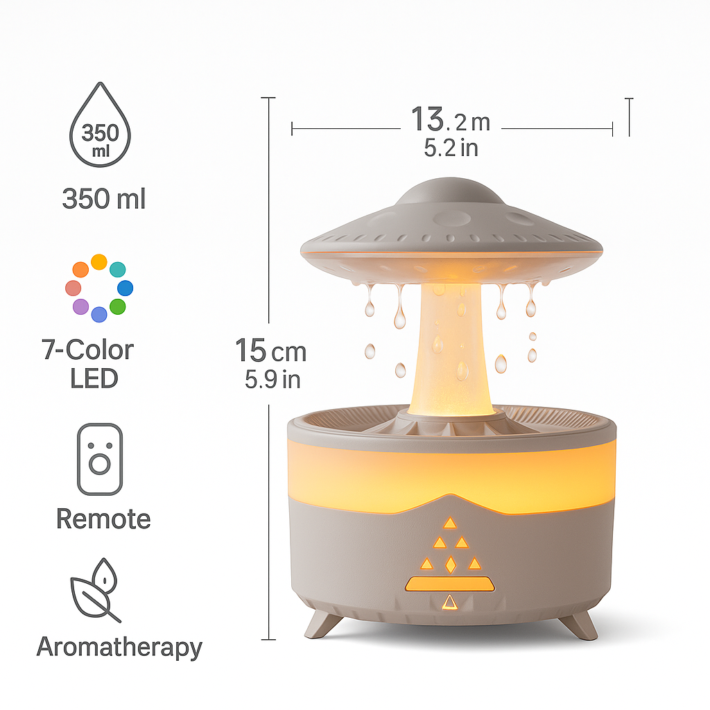 UFO Raining Humidifier — Raindrop Ultrasonic Aroma Diffuser with 7-Color LED Lights (350ml)