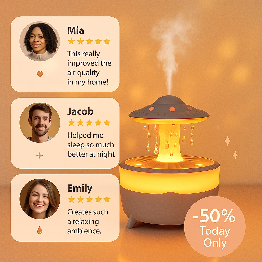 UFO Raining Humidifier — Raindrop Ultrasonic Aroma Diffuser with 7-Color LED Lights (350ml)