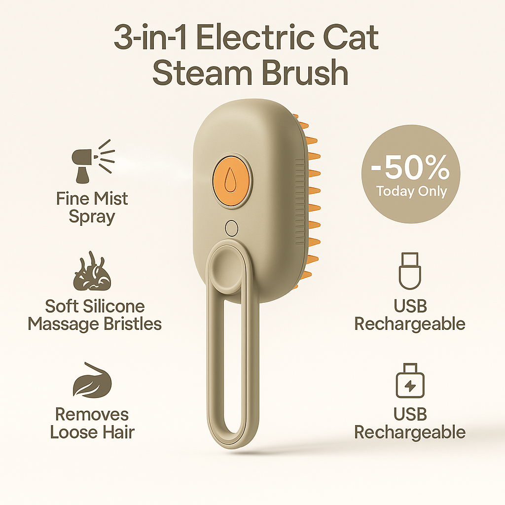3-in-1 Electric Cat Steam Brush – Spray Grooming Comb for Hair Removal & Soothing Massage