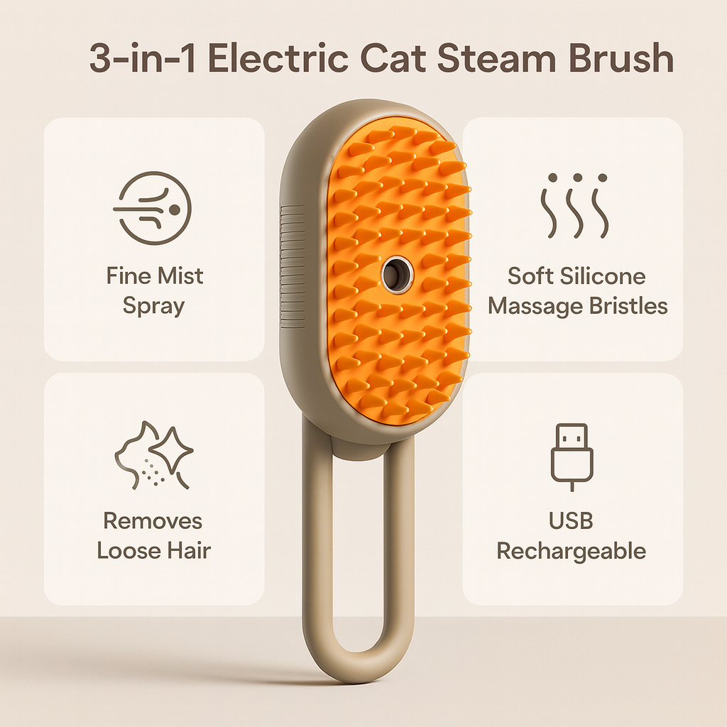 3-in-1 Electric Cat Steam Brush – Spray Grooming Comb for Hair Removal & Soothing Massage