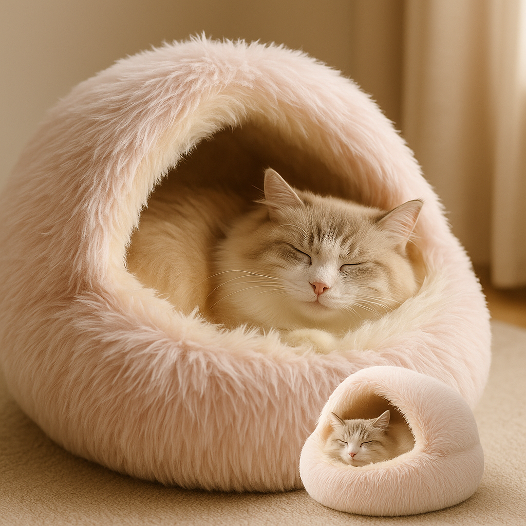 Cozy Fluffy Semi-Enclosed Cave Bed for Cats & Puppies – Warm Winter Anti-Anxiety Pet Bed