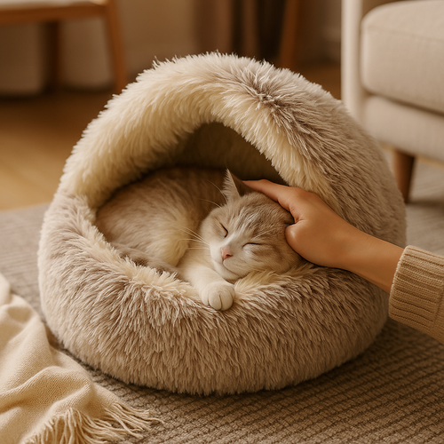 Cozy Fluffy Semi-Enclosed Cave Bed for Cats & Puppies – Warm Winter Anti-Anxiety Pet Bed