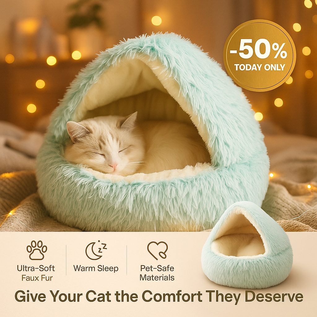 Cozy Fluffy Semi-Enclosed Cave Bed for Cats & Puppies – Warm Winter Anti-Anxiety Pet Bed