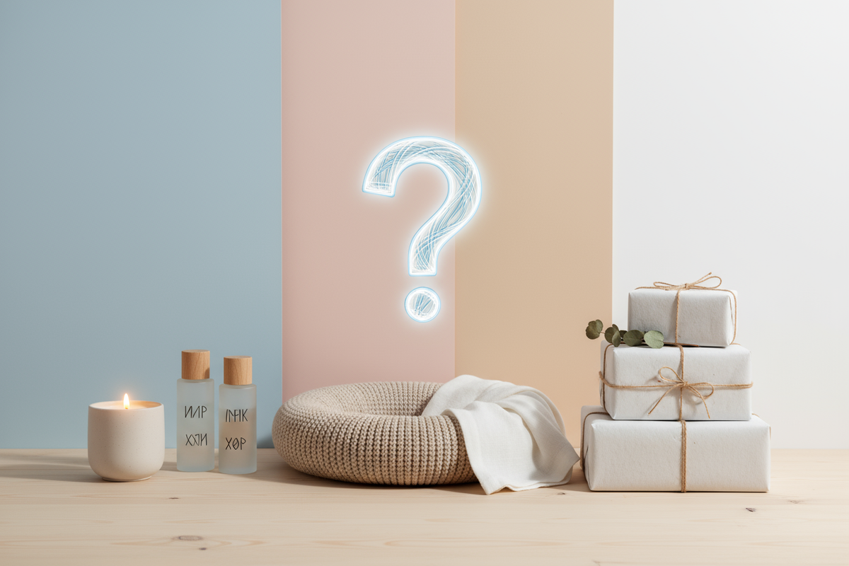 une image de la partir FAQ pour une boutique shopify ayant pour niche 🕯️ bien-être & maison, 💅 beauté scandinave, 🐾 confort animalier, et 🎁 offres cocooning.