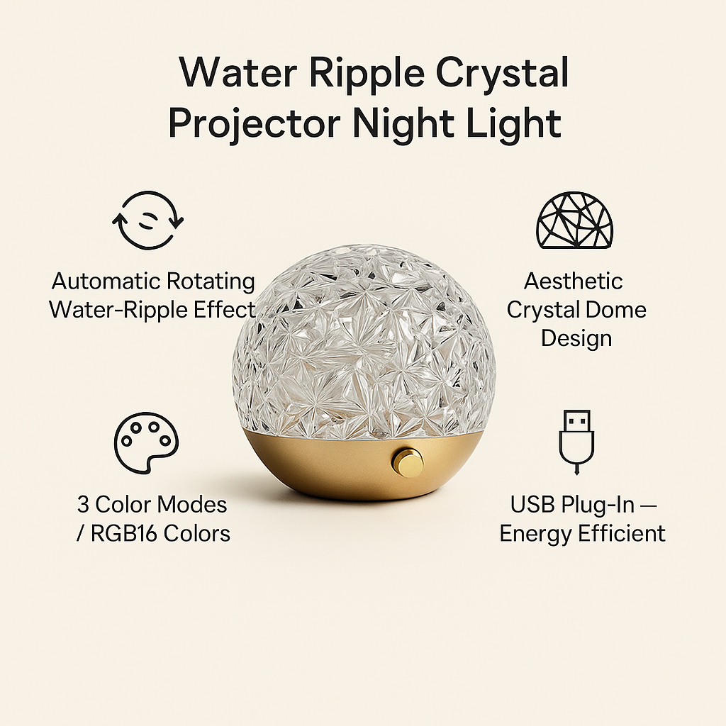 Water Ripple Crystal Projector Night Light — Aesthetic Mood Lamp for Cozy Bedroom & Relaxing Ambience